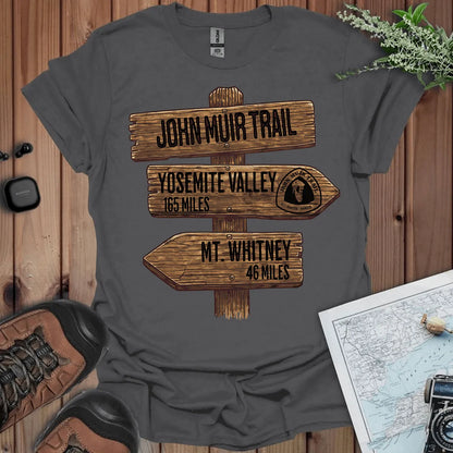 John Muir Trail 211 miles wood sign graphic t-shirt shown in lifestyle or modeled setting
