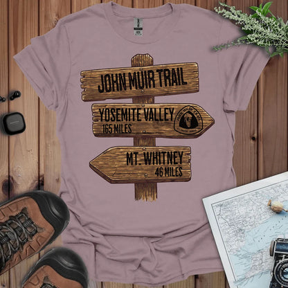 John Muir Trail 211 miles wood sign graphic t-shirt primary product view