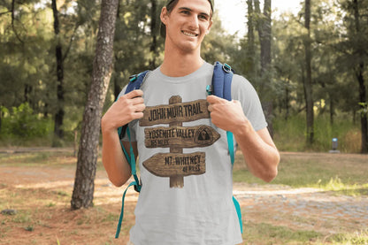 John Muir Trail 211 miles wood sign graphic t-shirt detail or alternate product view