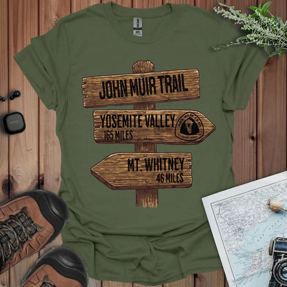 John Muir Trail 211 miles wood sign graphic t-shirt shown from alternate product angle