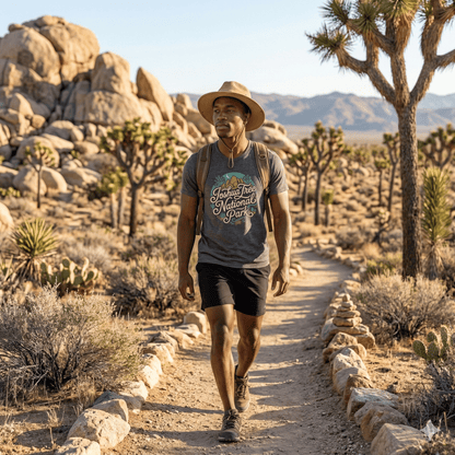 Joshua Tree National Park curved graphic t-shirt shown in lifestyle or modeled setting