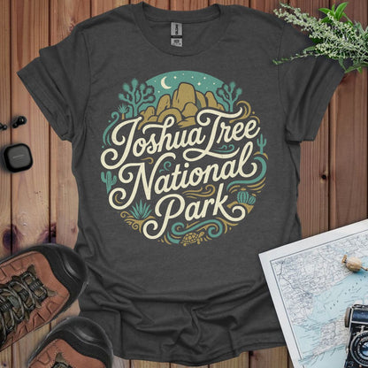 Joshua Tree National Park curved graphic t-shirt shown in lifestyle or modeled setting