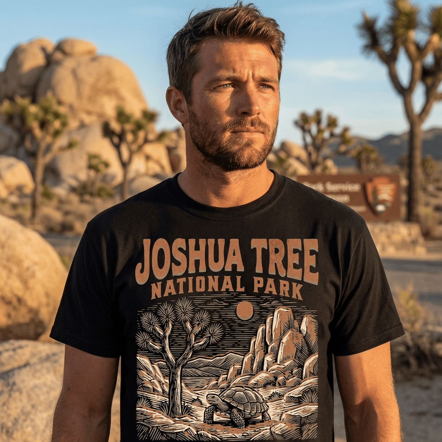 Joshua Tree National Park desert tortoise graphic t-shirt shown in lifestyle or modeled setting