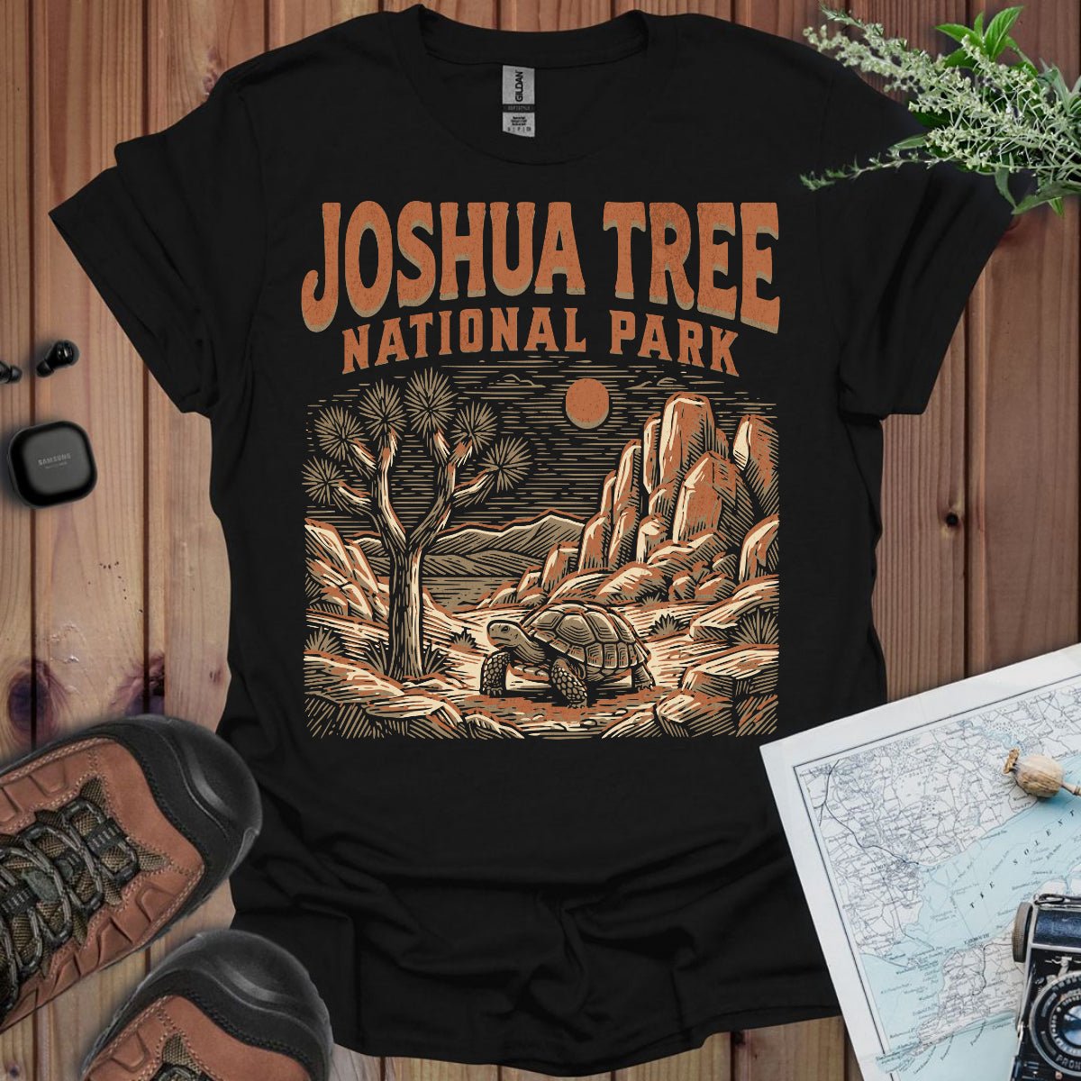Joshua Tree National Park desert tortoise graphic t-shirt shown in lifestyle or modeled setting