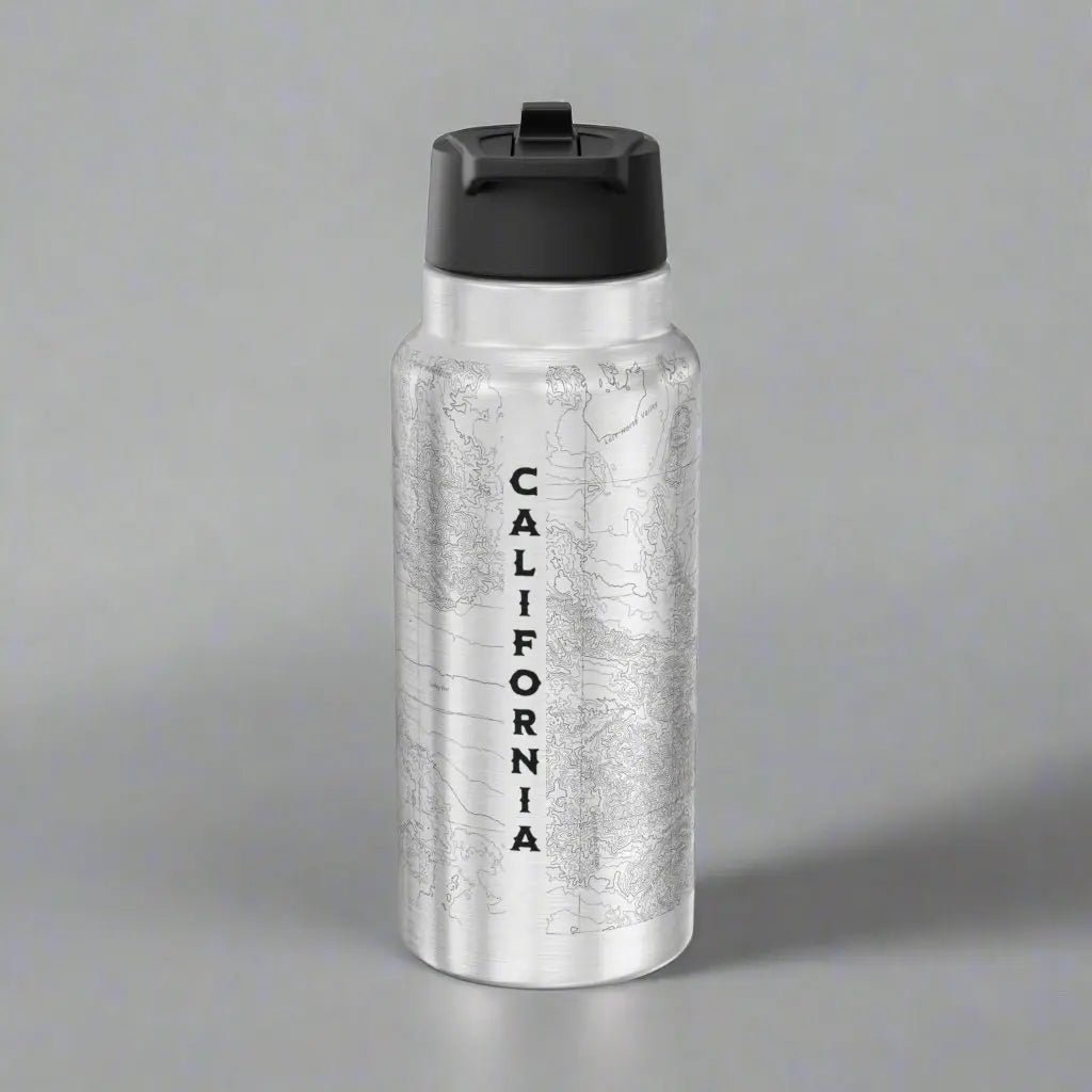 Joshua Tree National Park California topographic 32 oz insulated water bottle shown from alternate product angle