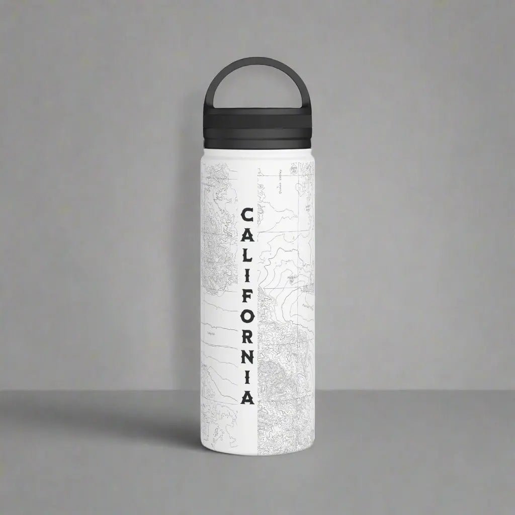 Joshua Tree National Park topographic stainless steel water bottle with handle lid shown from alternate product angle