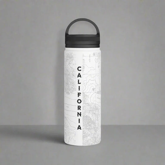 Joshua Tree National Park topographic stainless steel water bottle with handle lid shown from alternate product angle
