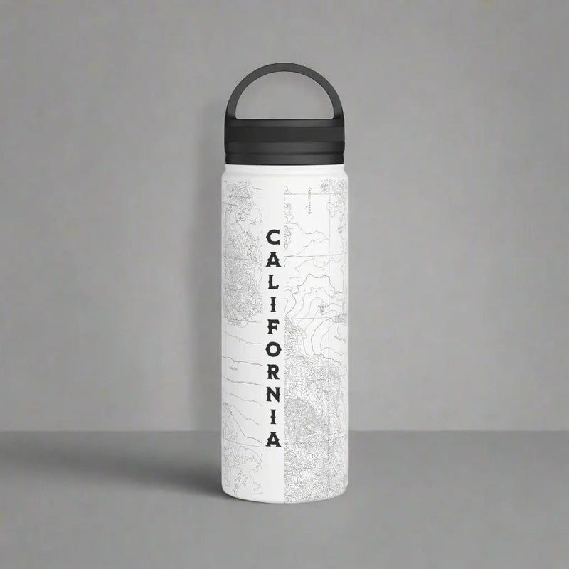 Joshua Tree National Park topographic stainless steel water bottle with handle lid shown from alternate product angle