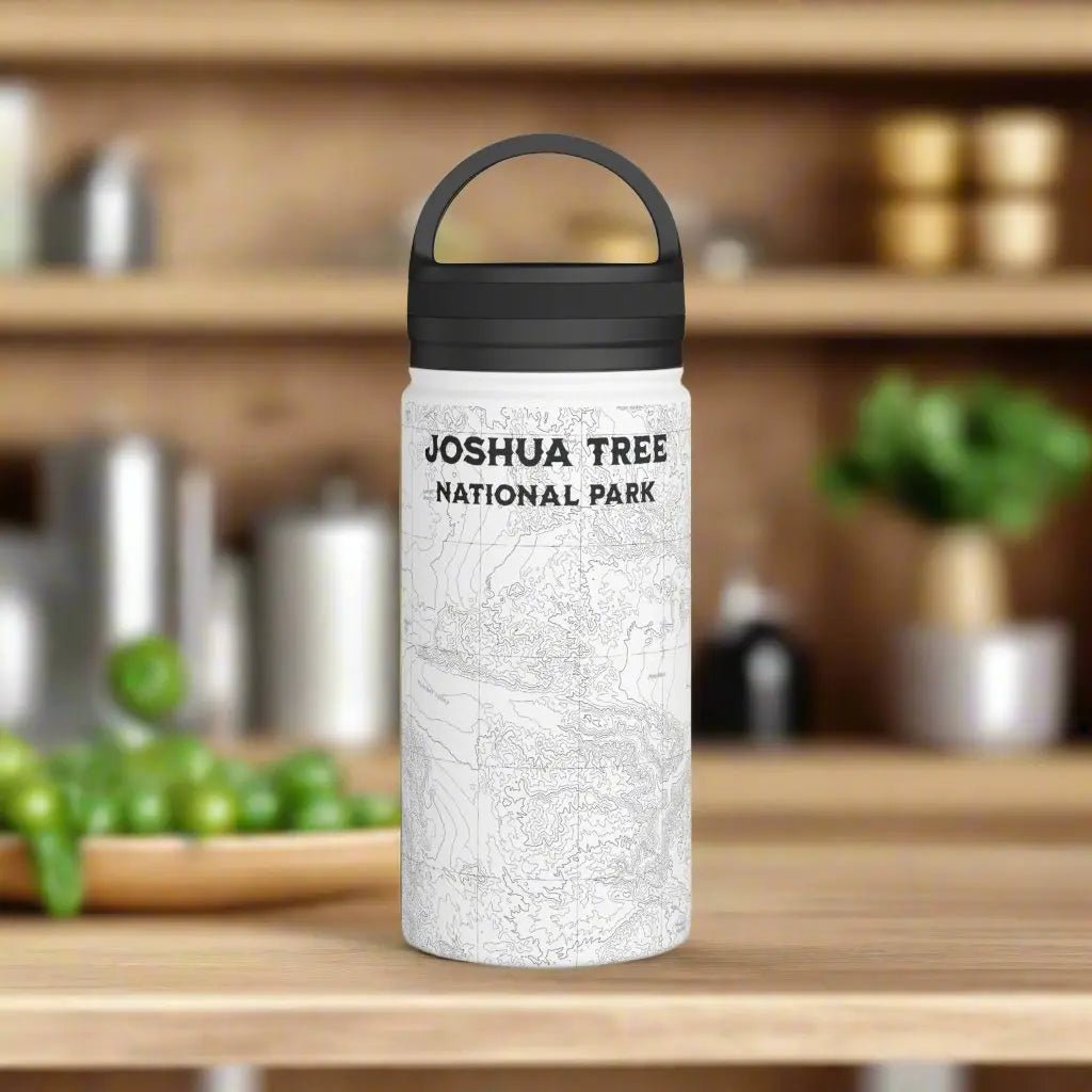 Joshua Tree National Park topographic stainless steel water bottle with handle lid shown from alternate product angle