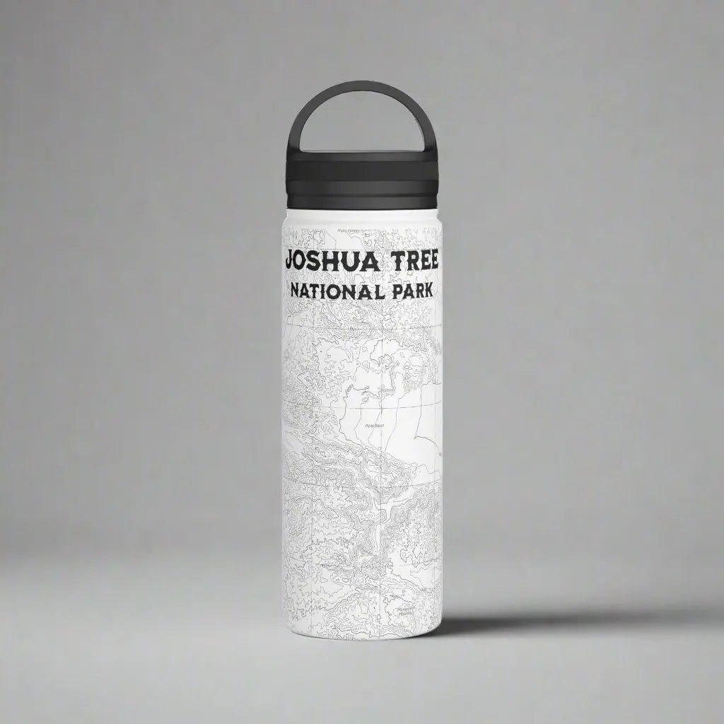 Joshua Tree National Park topographic stainless steel water bottle with handle lid shown from alternate product angle