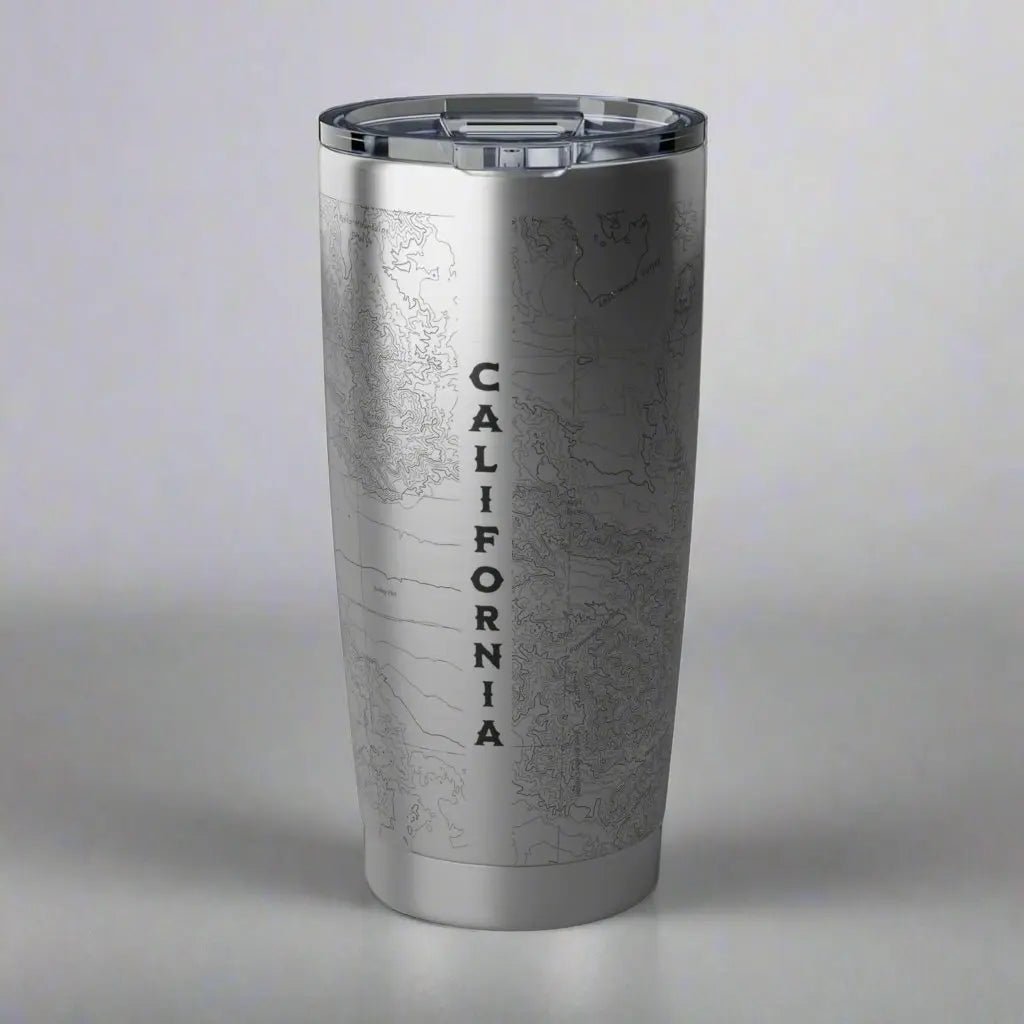Joshua Tree National Park topographic 20 oz stainless steel tumbler shown from alternate product angle