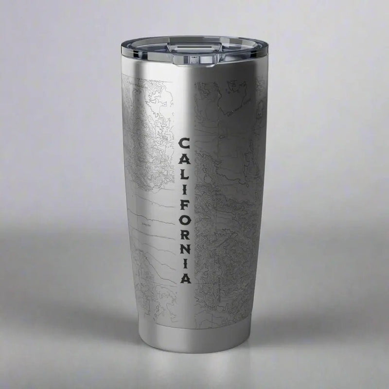 Joshua Tree National Park topographic 20 oz stainless steel tumbler shown from alternate product angle