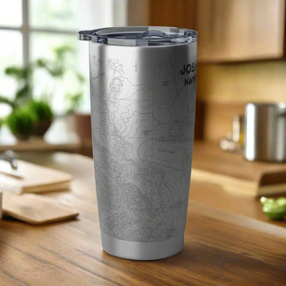 Joshua Tree National Park topographic 20 oz stainless steel tumbler shown from alternate product angle