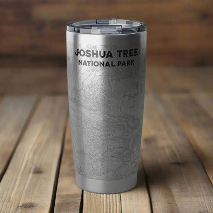 Joshua Tree National Park topographic 20 oz stainless steel tumbler shown as primary product image