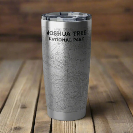 Joshua Tree National Park topographic 20 oz stainless steel tumbler shown as primary product image