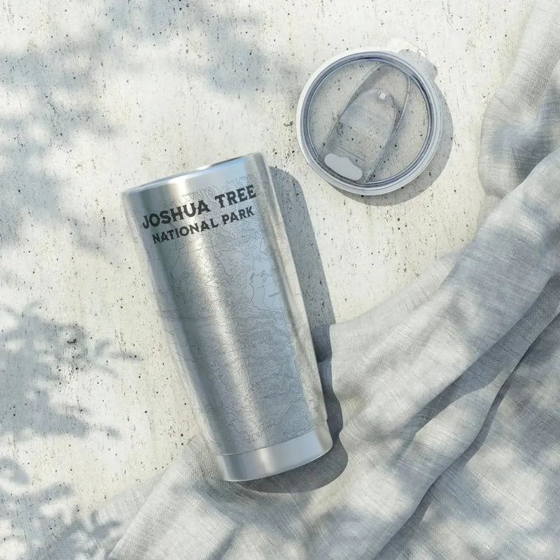 Joshua Tree National Park topographic 20 oz stainless steel tumbler shown from alternate product angle