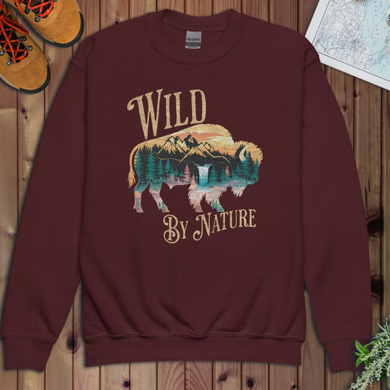 Wild By Nature Scenic Buffalo Tee National Park Youth Sweatshirt in Maroon