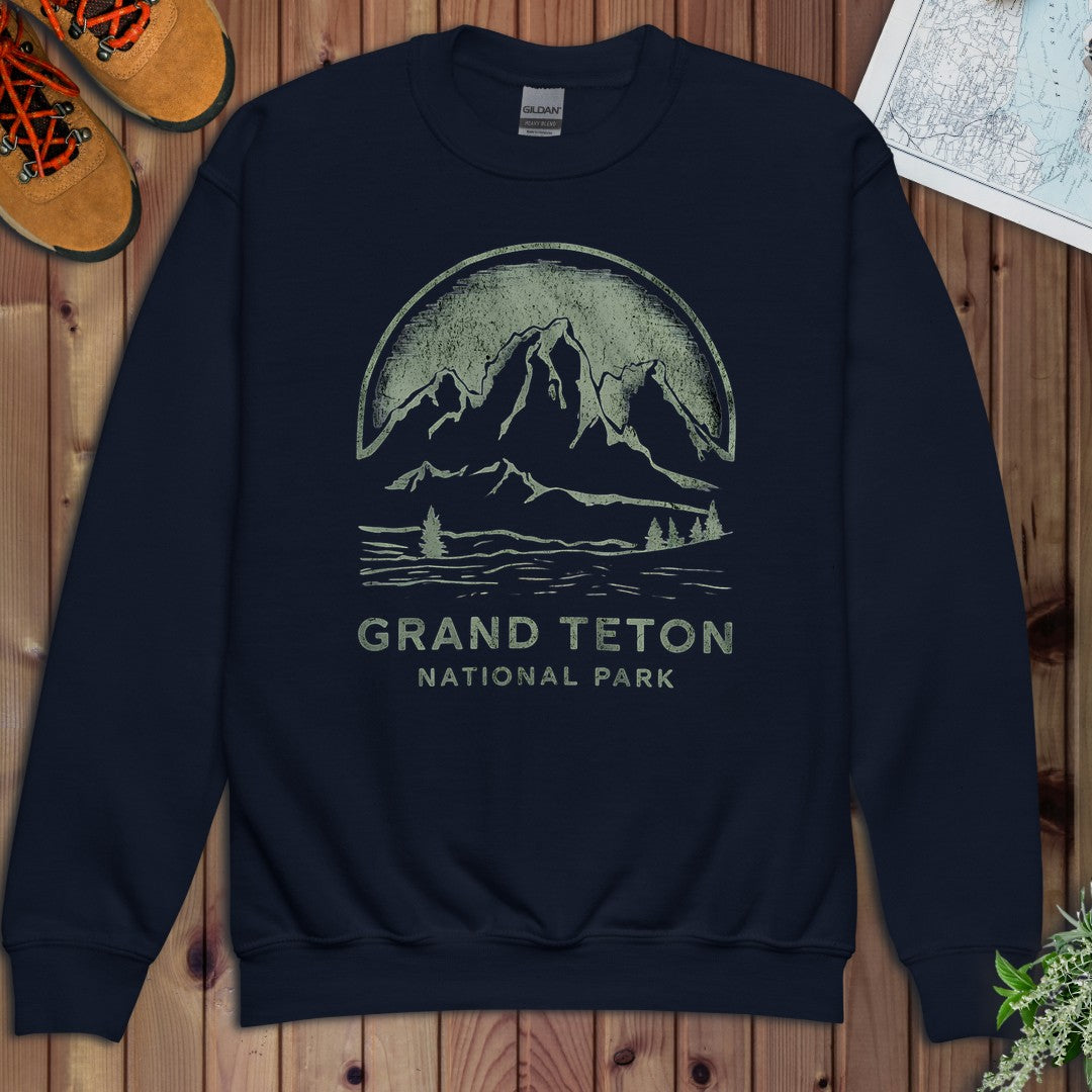 Grand Teton National Park Vintage Distressed Mountains Youth Sweatshirt in Navy