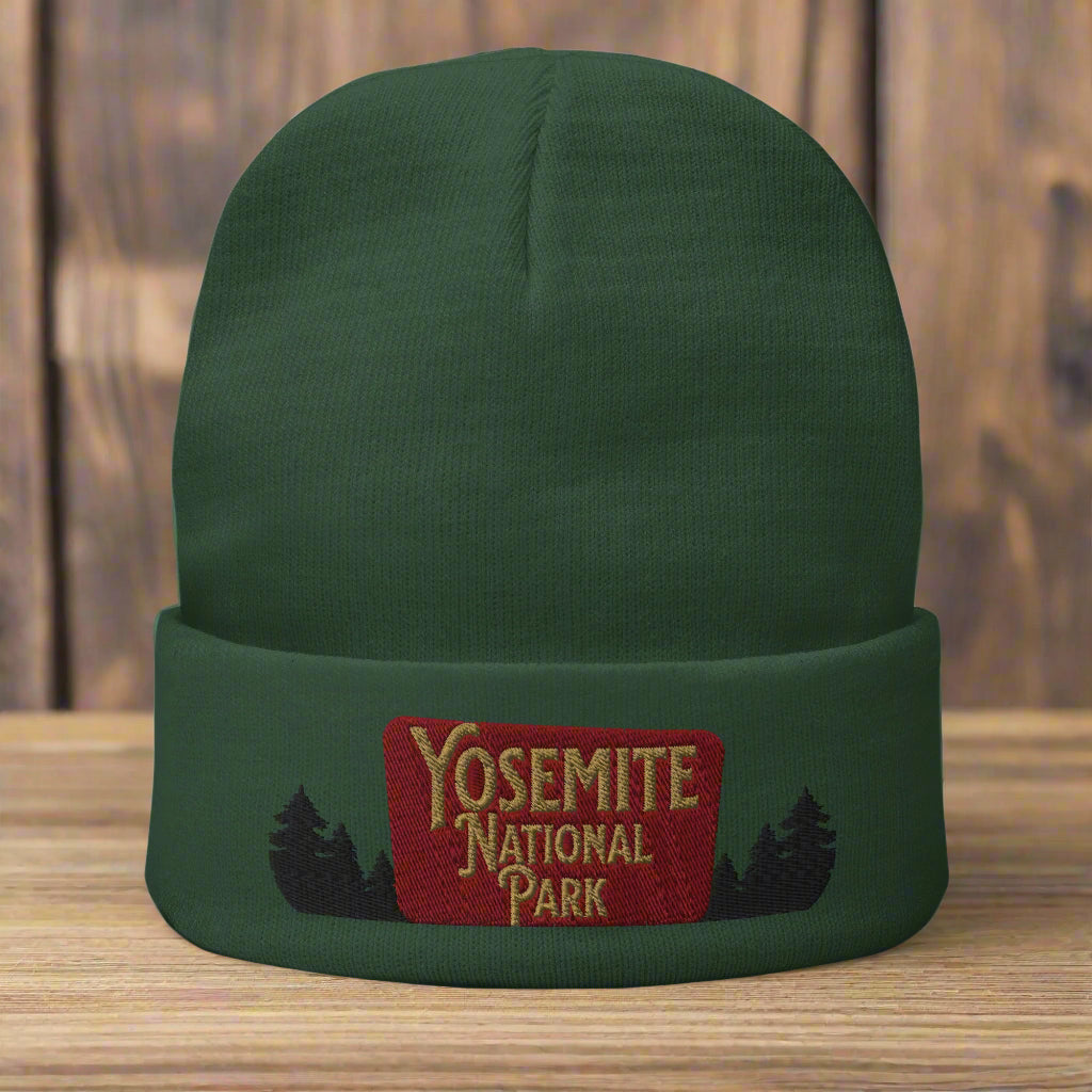 Yosemite National Park Sign Embroidered Beanie Beanie Park Service Apparel Dark green
