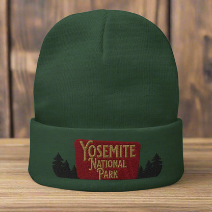 Yosemite National Park Sign Embroidered Beanie Beanie Park Service Apparel Dark green