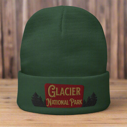 Glacier National Park Sign Embroidered Beanie Beanie Park Service Apparel Dark green