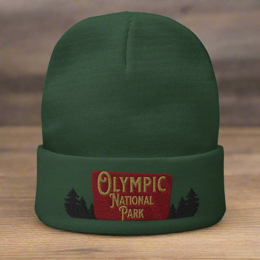Olympic National Park Sign Embroidered Beanie Beanie Park Service Apparel Dark green