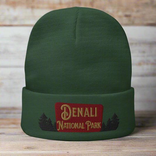 Denali National Park Sign Embroidered Beanie Beanie Park Service Apparel Dark green