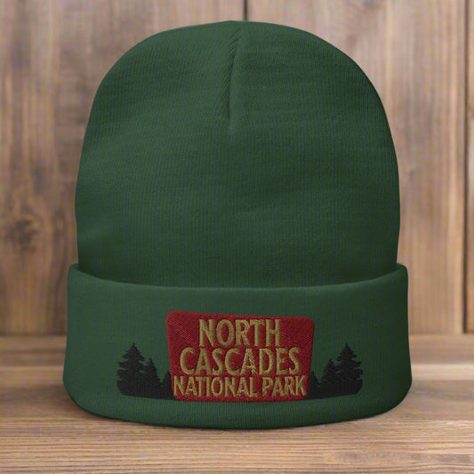 North Cascades National Park Sign Embroidered Beanie Beanie Park Service Apparel Dark green