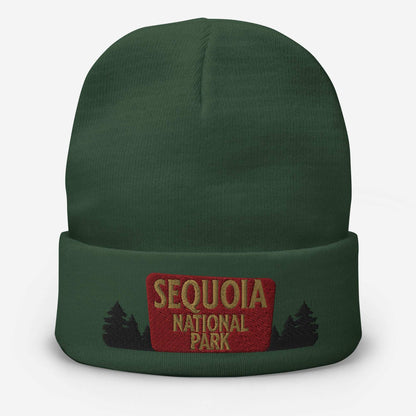 Sequoia National Park Sign Embroidered Beanie Beanie Park Service Apparel Dark green