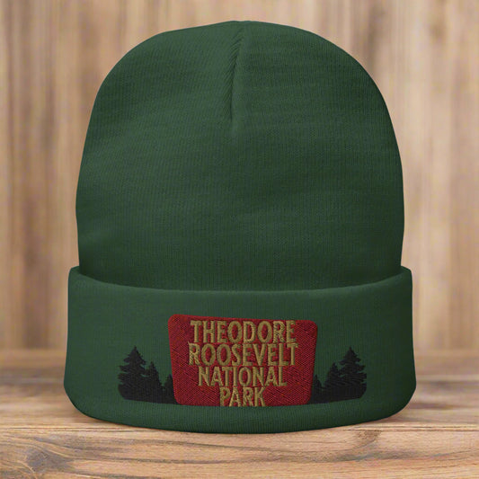 Theodore Roosevelt National Park Sign Embroidered Beanie Beanie Park Service Apparel Dark green