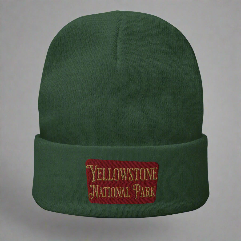 Yellowstone Sign Embroidered Beanie Beanie Park Service Apparel Dark green
