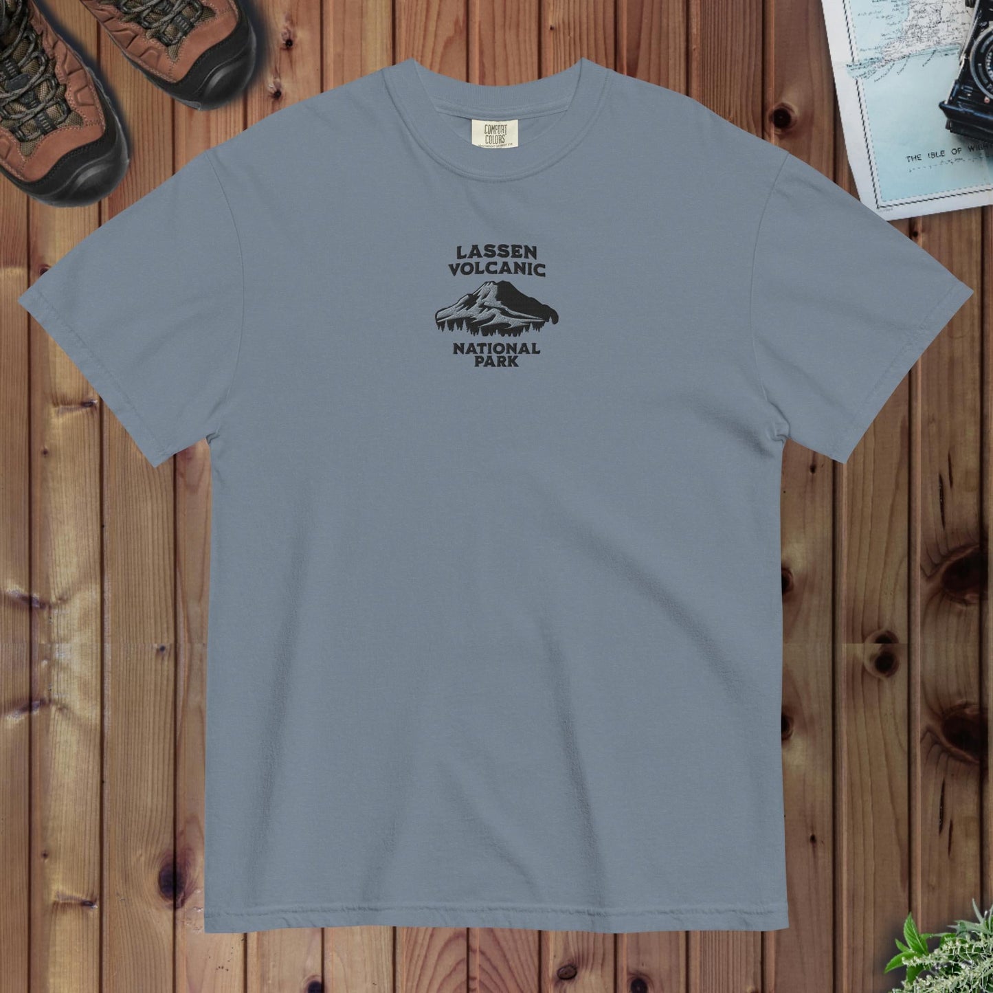 Lassen Volcanic National Park embroidered premium t-shirt shown in lifestyle or modeled setting