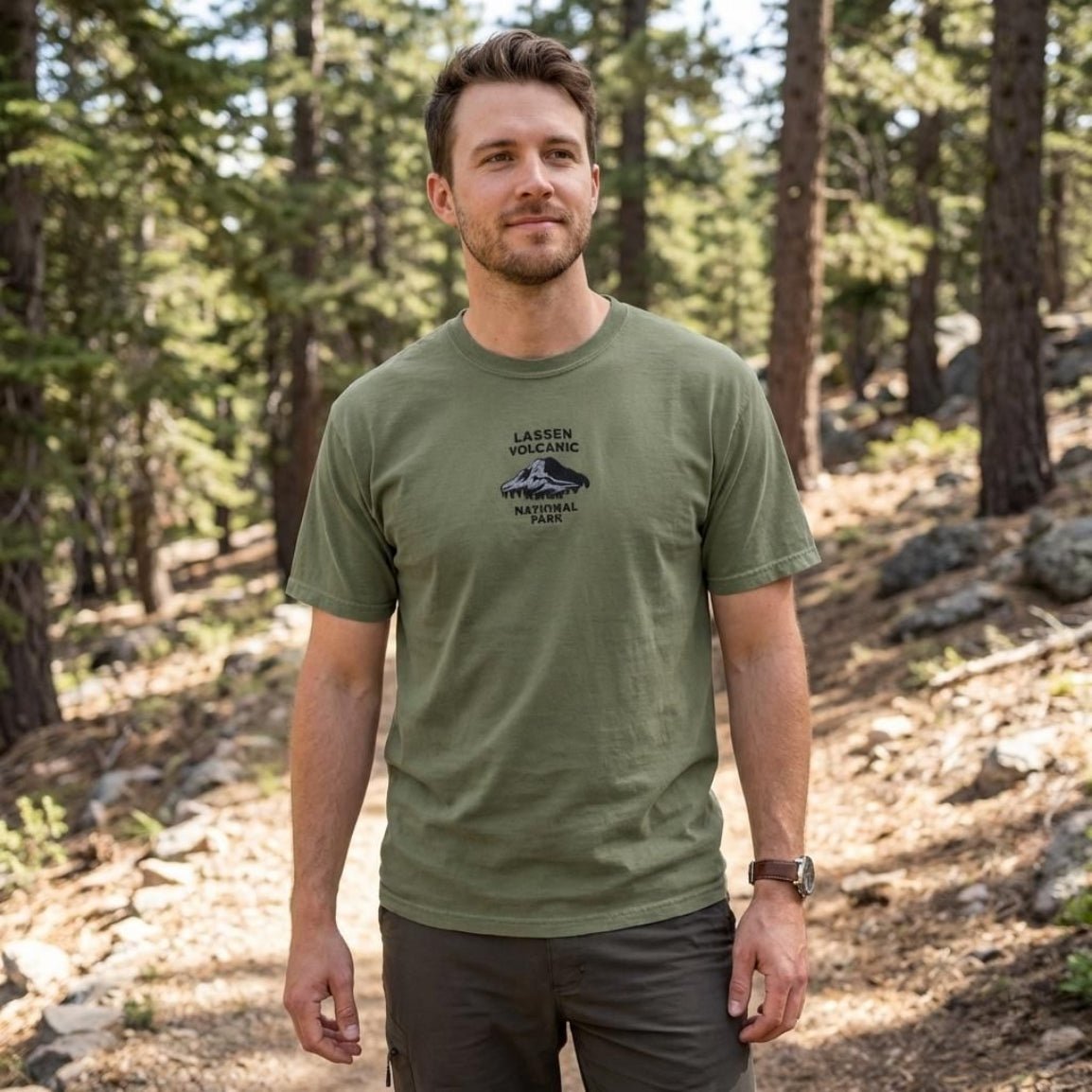 Lassen Volcanic National Park embroidered premium t-shirt shown in lifestyle or modeled setting