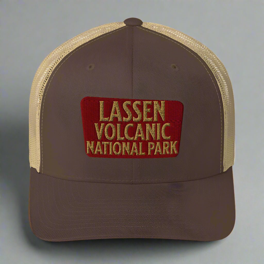 Lassen Volcanic National Park embroidered trucker hat shown from alternate product angle