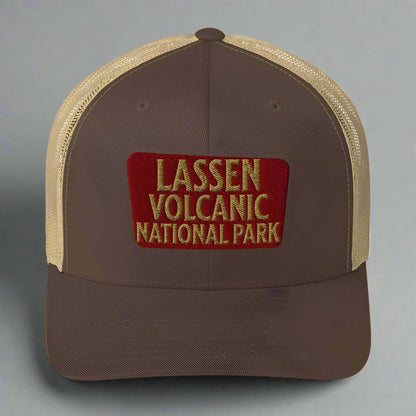 Lassen Volcanic National Park embroidered trucker hat shown from alternate product angle