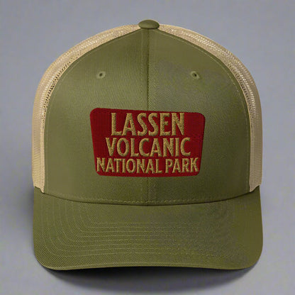 Lassen Volcanic National Park embroidered trucker hat shown from alternate product angle