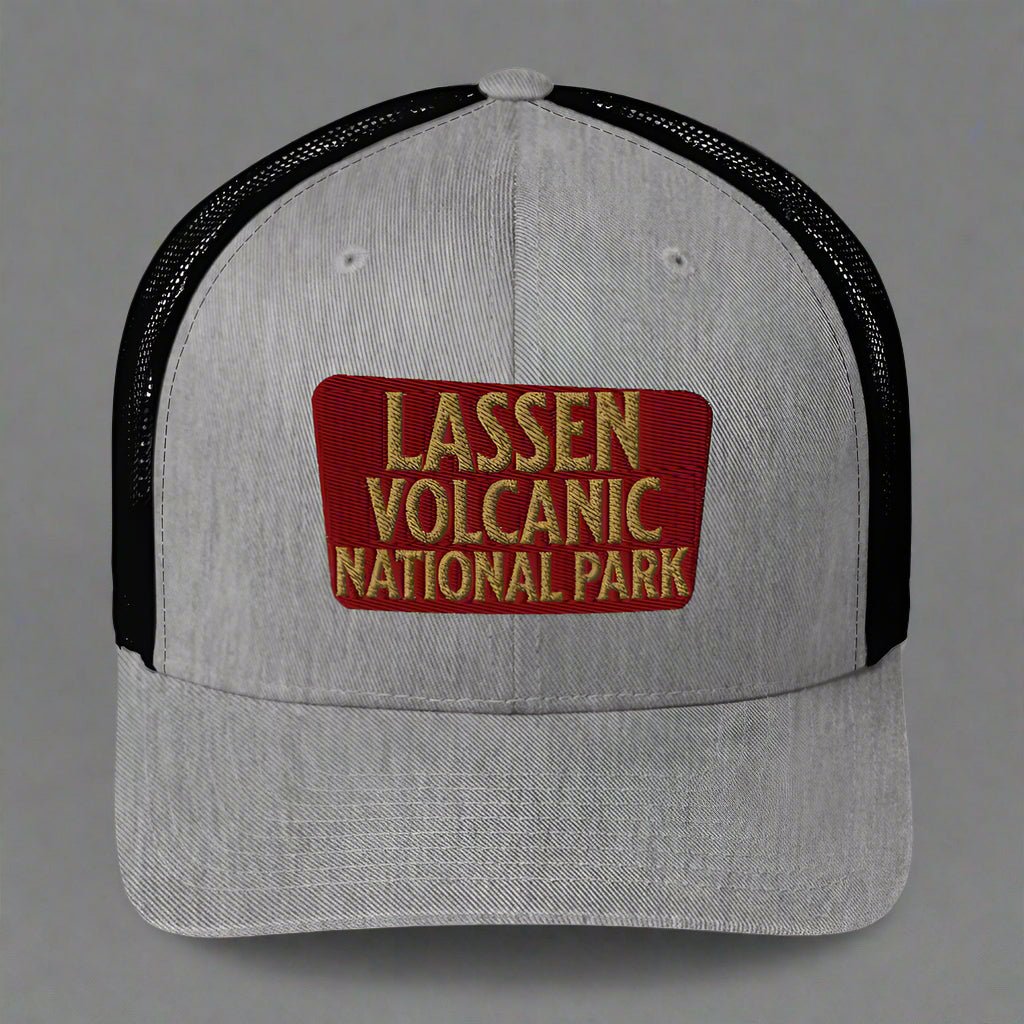 Lassen Volcanic National Park embroidered trucker hat shown in lifestyle or modeled setting