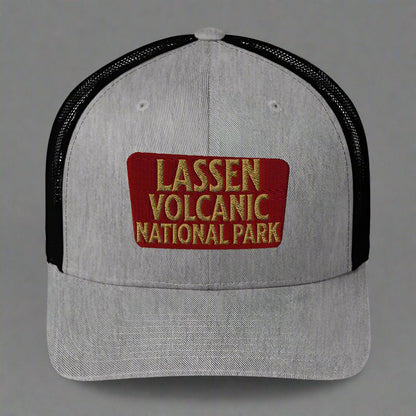 Lassen Volcanic National Park embroidered trucker hat shown in lifestyle or modeled setting