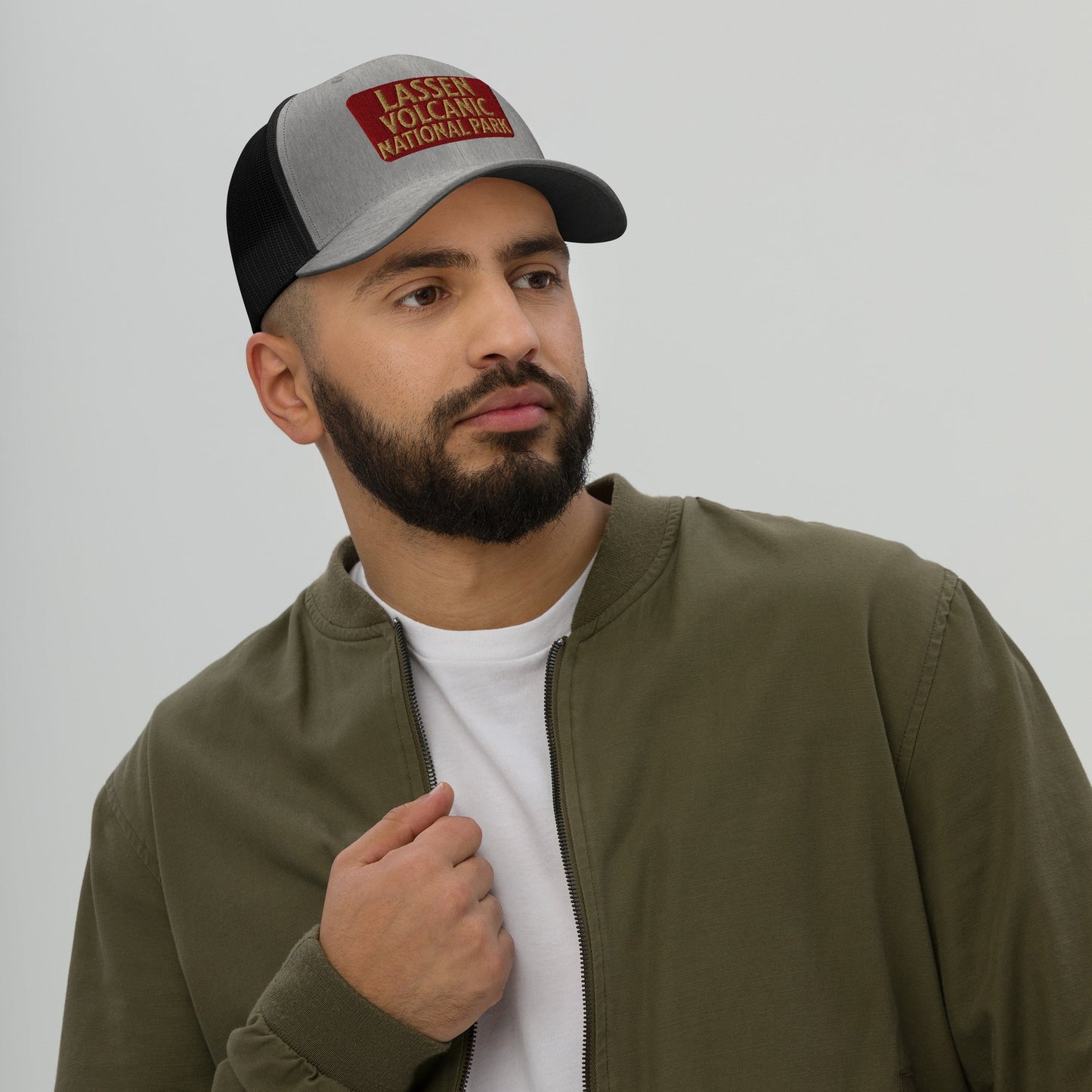Lassen Volcanic National Park embroidered trucker hat shown from alternate product angle