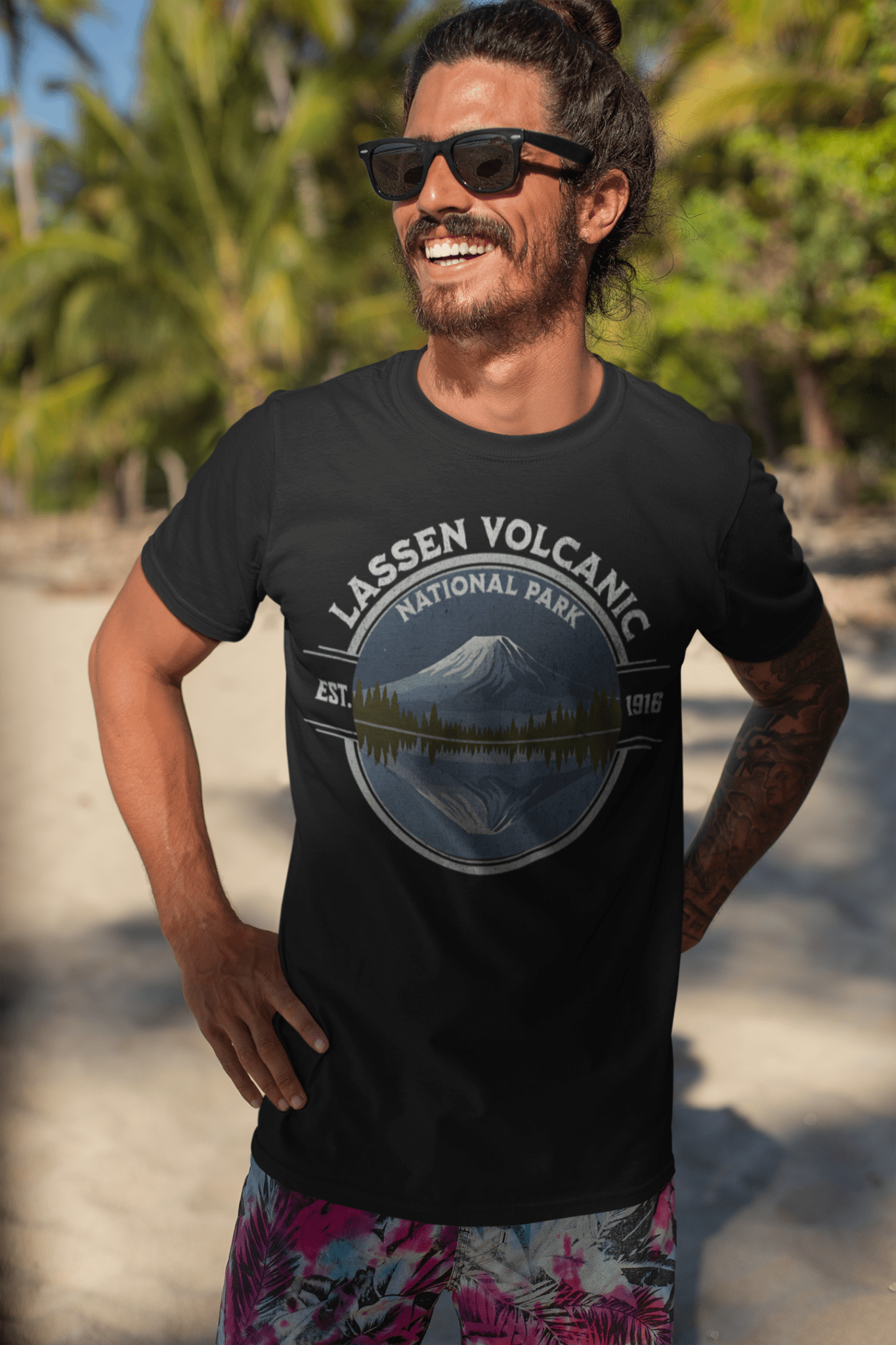 Lassen Volcanic National Park reflective lake graphic t-shirt shown from alternate product angle