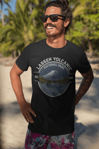 Lassen Volcanic National Park reflective lake graphic t-shirt shown from alternate product angle