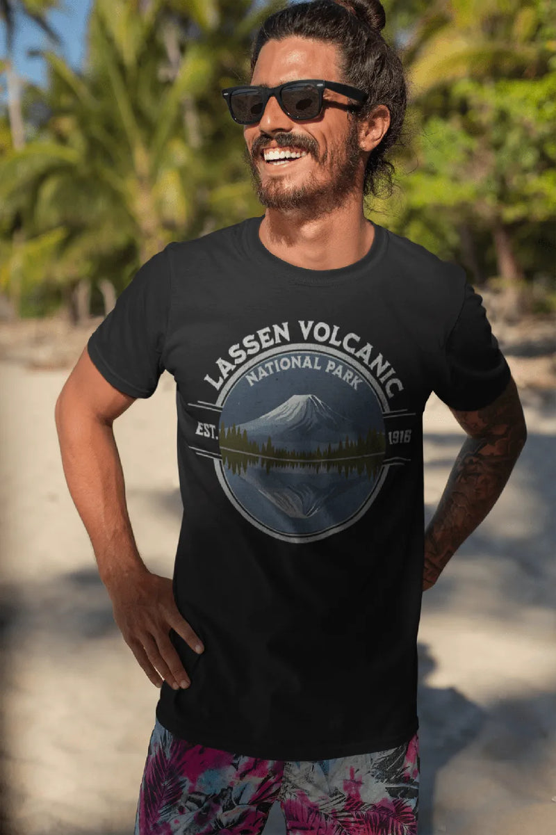 Lassen Volcanic National Park reflective lake graphic t-shirt shown from alternate product angle