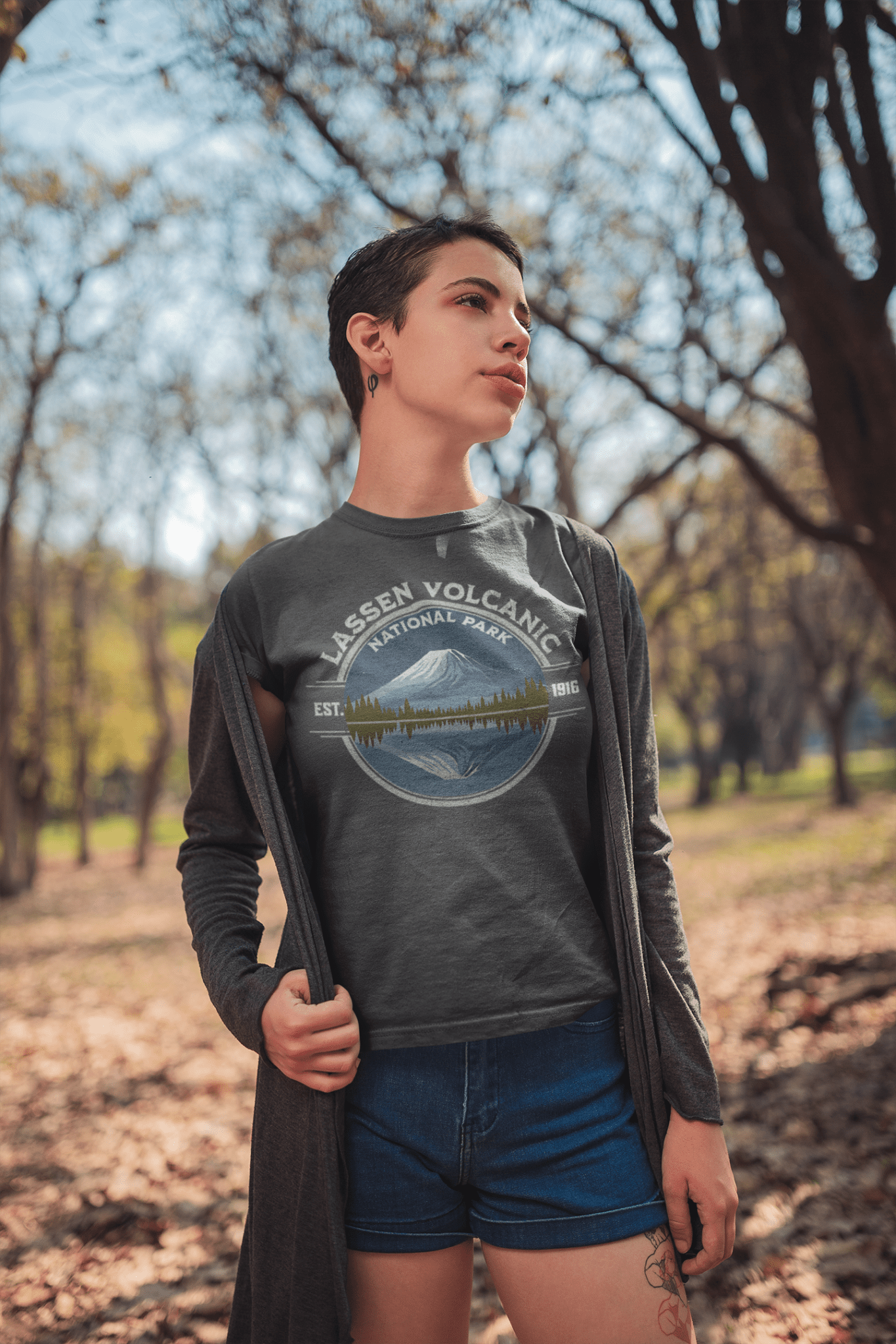 Lassen Volcanic National Park reflective lake graphic t-shirt detail or alternate product view