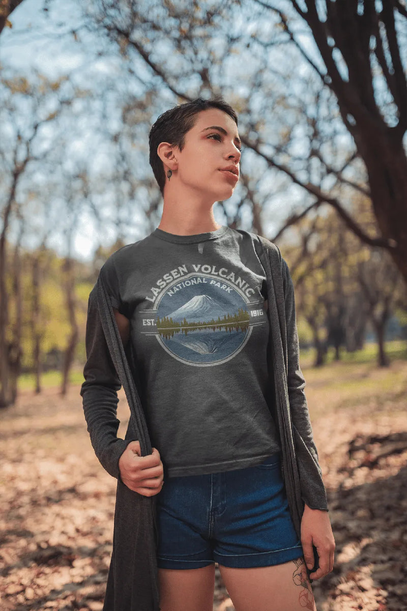 Lassen Volcanic National Park reflective lake graphic t-shirt detail or alternate product view