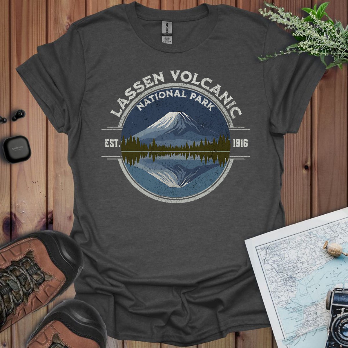Lassen Volcanic National Park reflective lake graphic t-shirt shown from alternate product angle