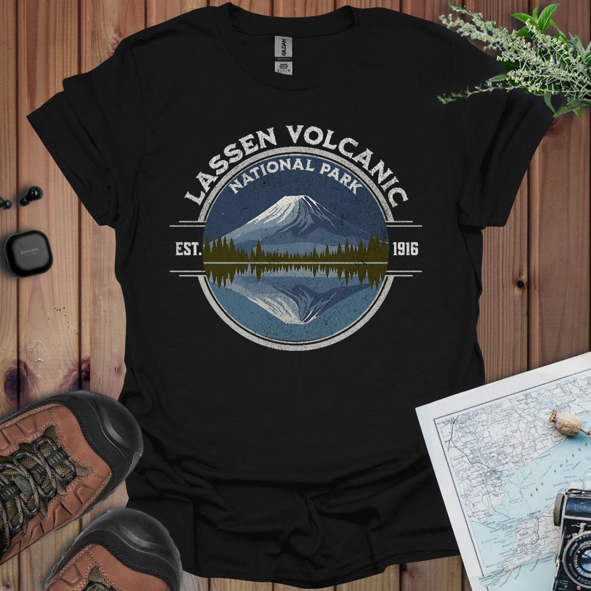 Lassen Volcanic National Park reflective lake graphic t-shirt shown in lifestyle or modeled setting