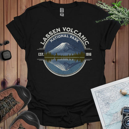 Lassen Volcanic National Park reflective lake graphic t-shirt shown in lifestyle or modeled setting