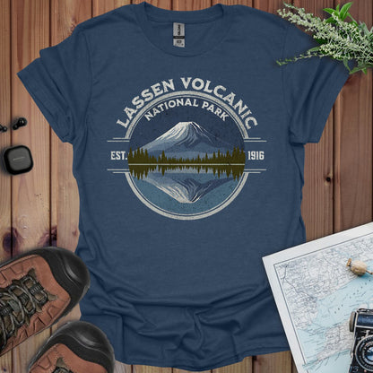 Lassen Volcanic National Park reflective lake graphic t-shirt detail or alternate product view