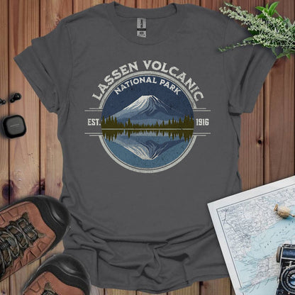 Lassen Volcanic National Park reflective lake graphic t-shirt shown from alternate product angle