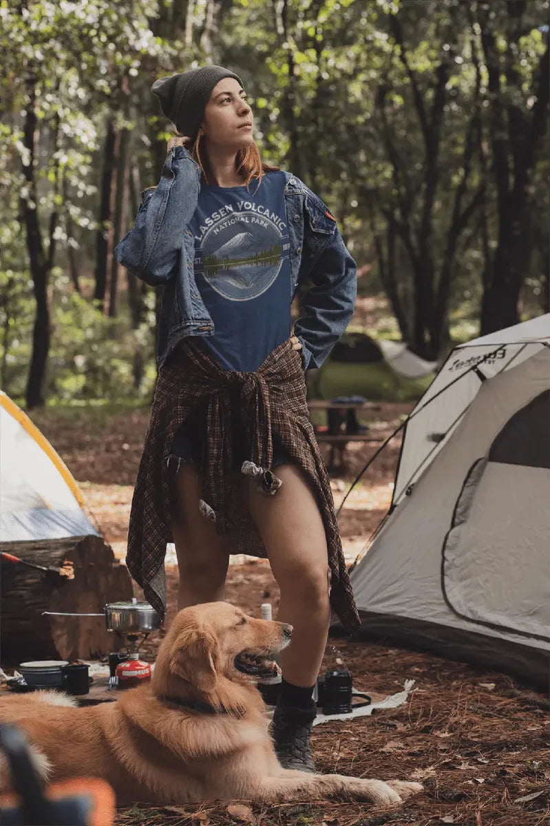 Lassen Volcanic National Park reflective lake graphic t-shirt shown in lifestyle or modeled setting